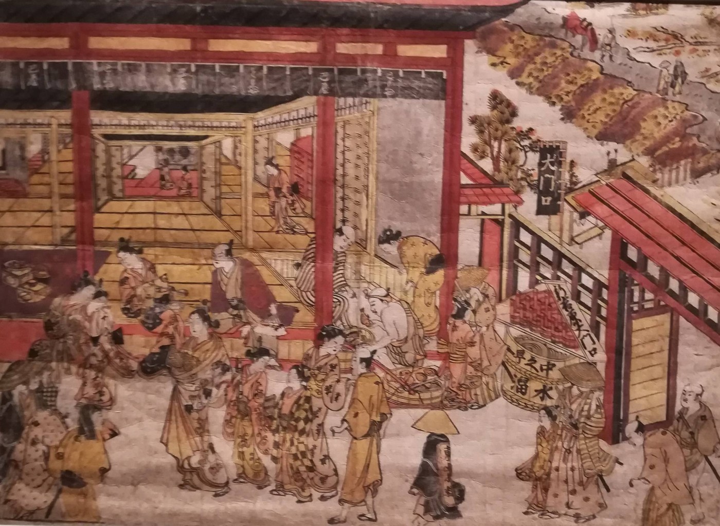 veduta prospettica originale del grande portale sulla via principale di Nakanocho a Shin Yoshiwara - Okumura Masanobu
