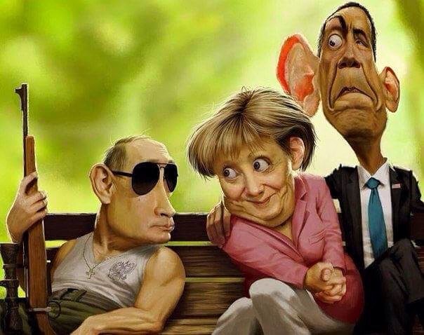 caricatura Putin Merkel Obama amore/gelosia