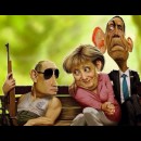 caricatura Putin Merkel Obama amore/gelosia