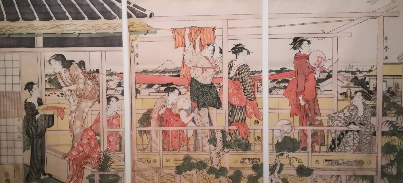 Stendendo il bucato sul tetto - Kitagawa Utamaro,1794 circa