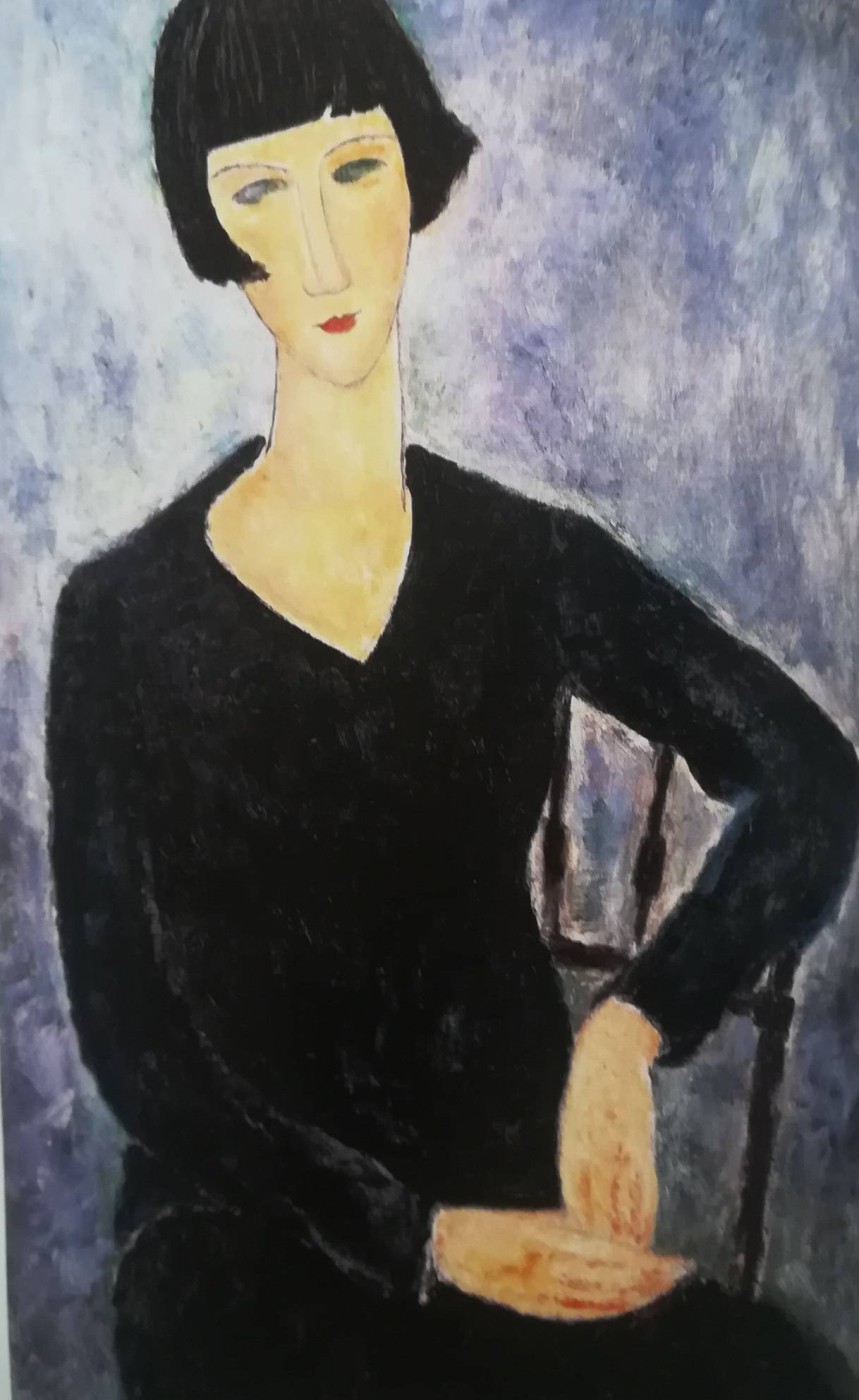 ragazza con la frangia o donna seduta con vestito blu, 1918