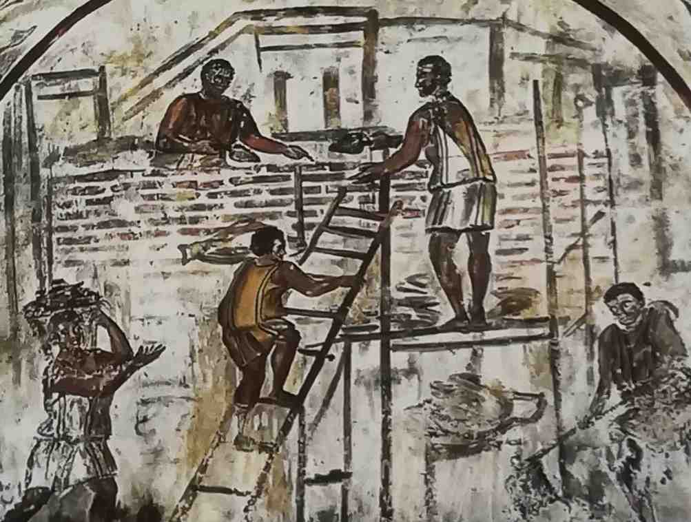 Uomini al lavoro in un affresco da una tomba del IV secolo dopo Cristo