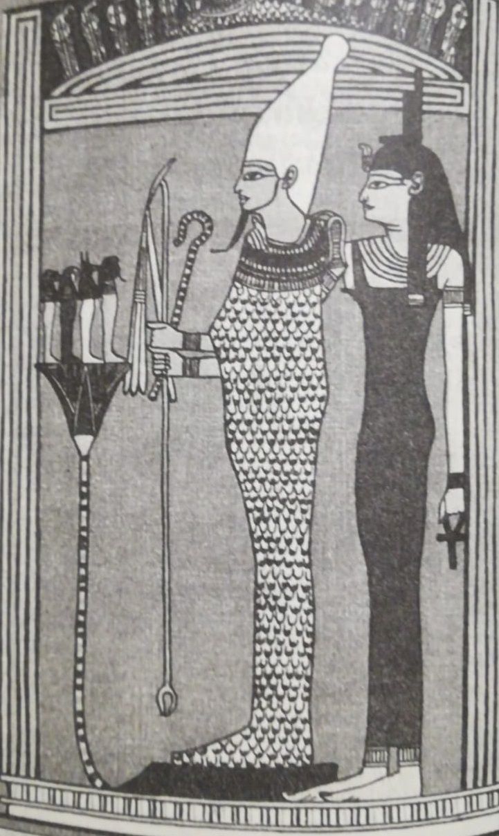 Osiride indossa la bianca corona. Davanti a lui 4 figli di Horus e dietro la moglie Iside