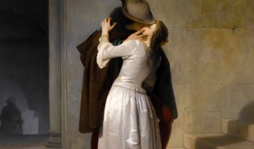 Il bacio, variante 1861. La fanciulla indossa un abito bianco, omaggio alla proclamazione del regno d’Italia