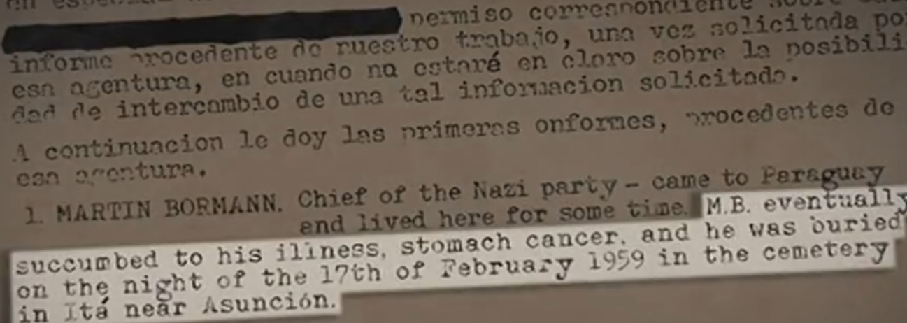 Martin Bormann morto di cancro e seppellito nel cimitero di Ita. Documento desecretato archivio di Stato Paraguay