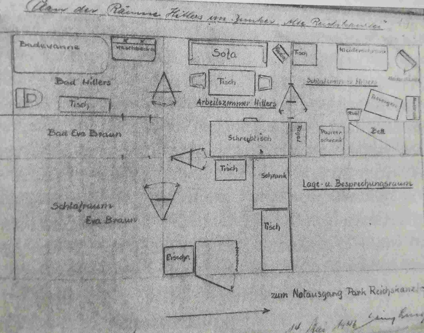 piantina dell’appartamento di Hitler nel bunker disegnata da Heinz Linge su richiesta degli inquirenti sovietici