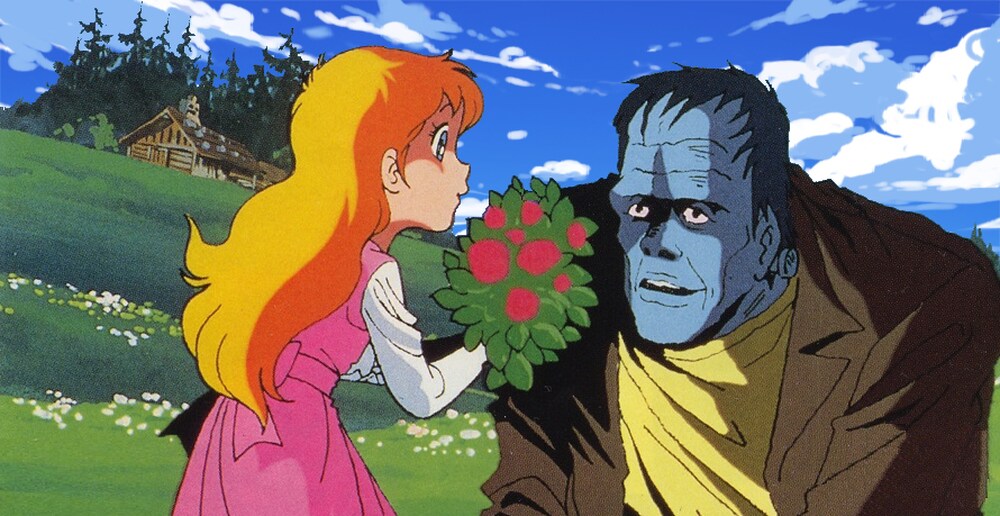 Frankenstein rimane colpito dalla gentilezza di una bambina con un mazzo di fiori in mano