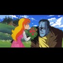 Frankenstein rimane colpito dalla gentilezza di una bambina con un mazzo di fiori in mano