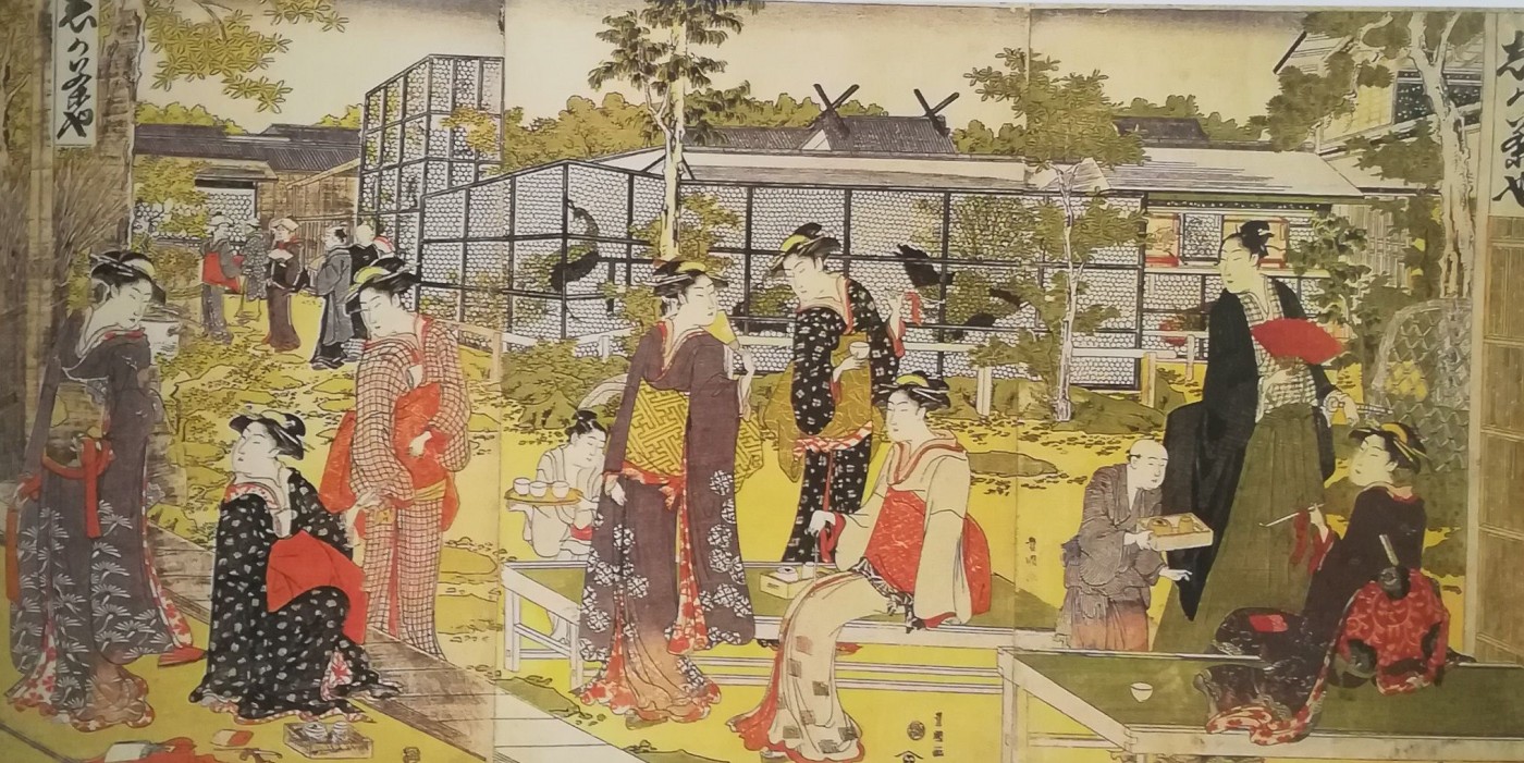 Utagawa Toyokuni - trittico con la grande voliera nel giardino della casa da te Shika a Edo 1792-93