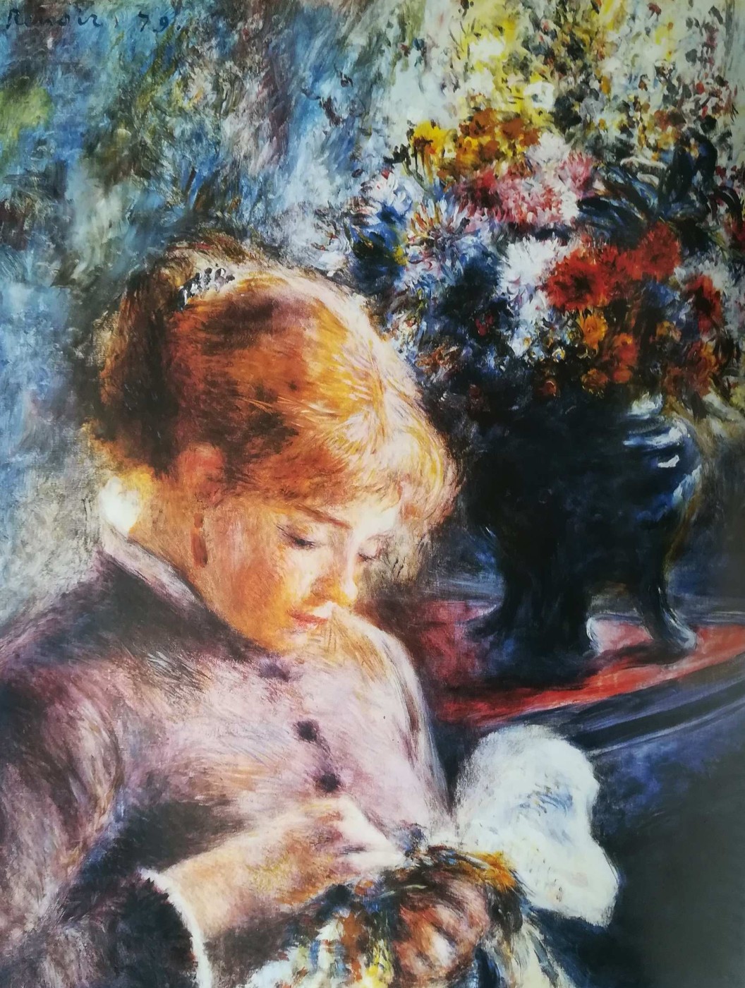 donna che cuce e vaso di fiori - Renoir, 1879 circa